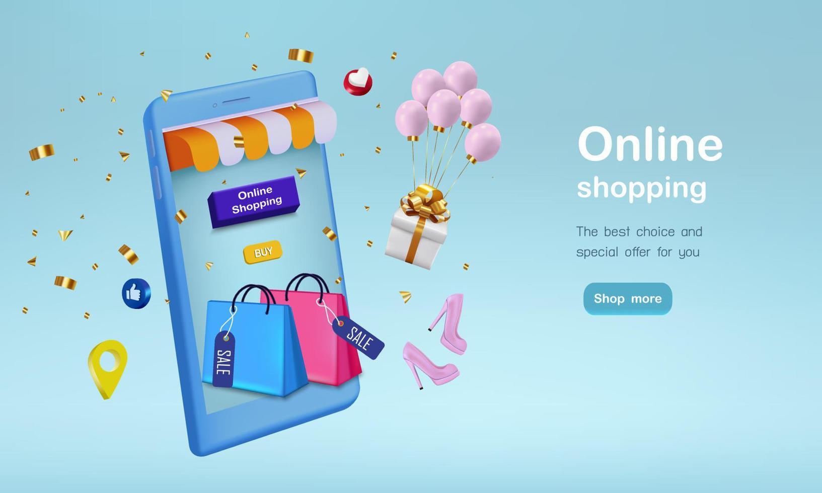 bolsa de compras con regalo y confeti para compras en línea vector