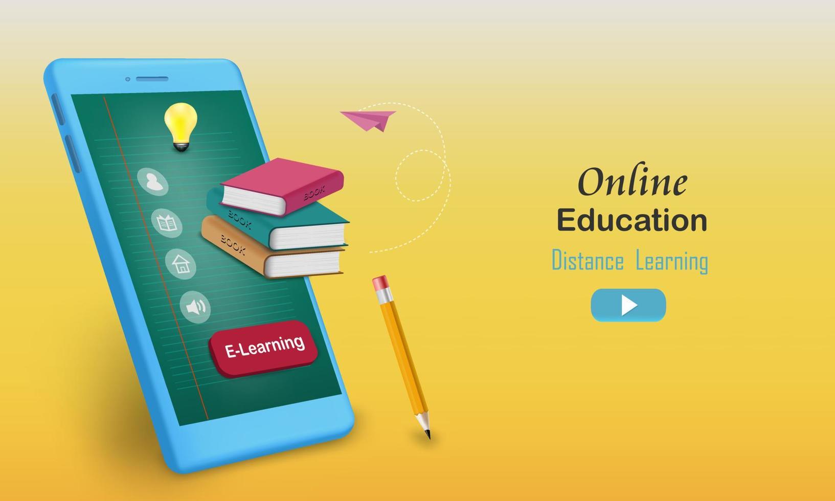 Stack of book with pencil on the smartphone for online education vector