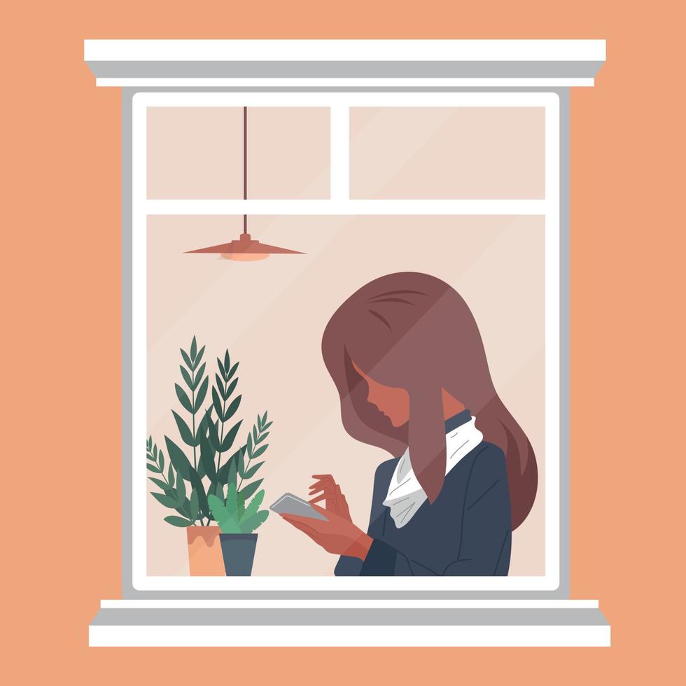 ventana. la chica con el teléfono. plantas de interior vectorial, plano. vector