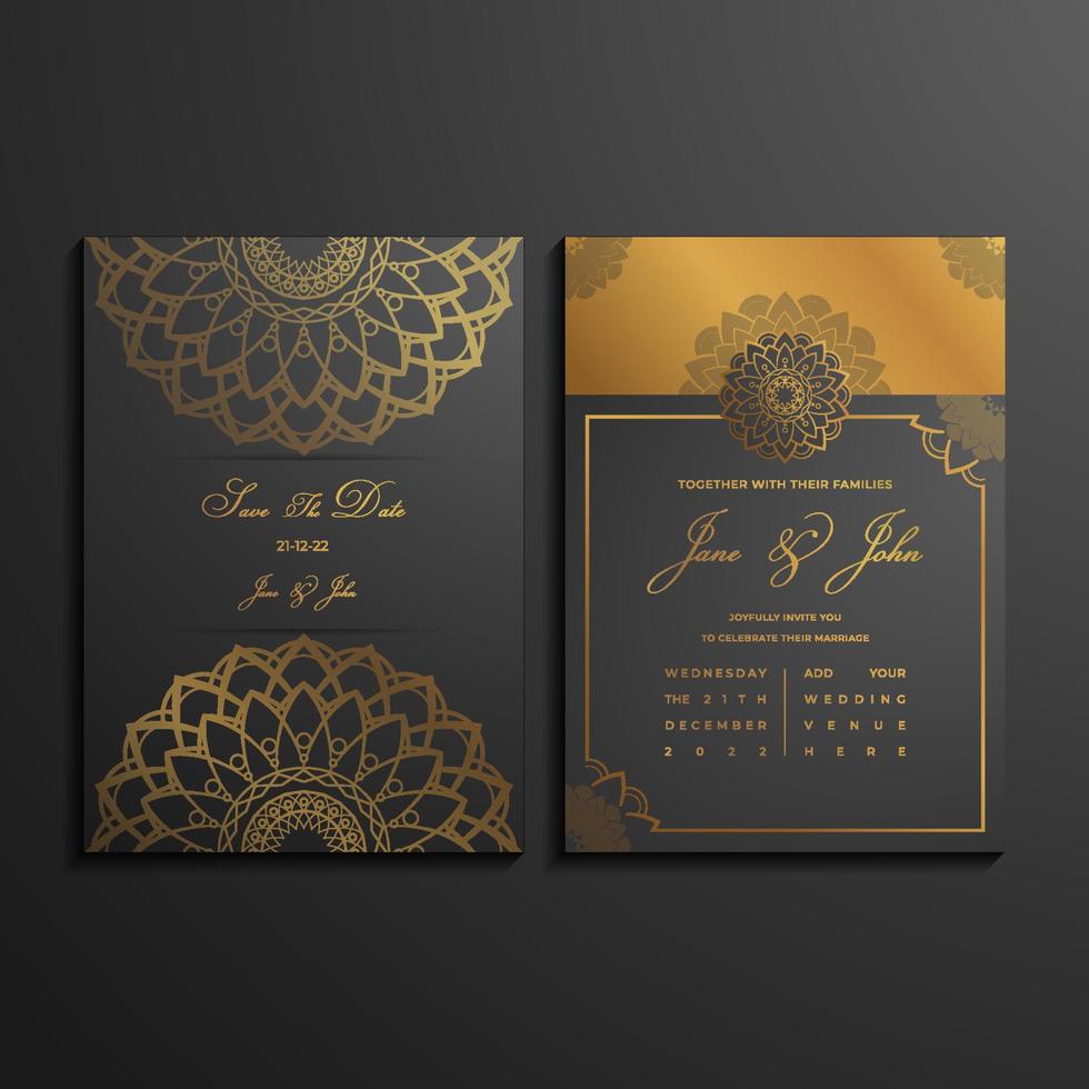 plantilla de invitación de boda de lujo con decoración floral mandala vector