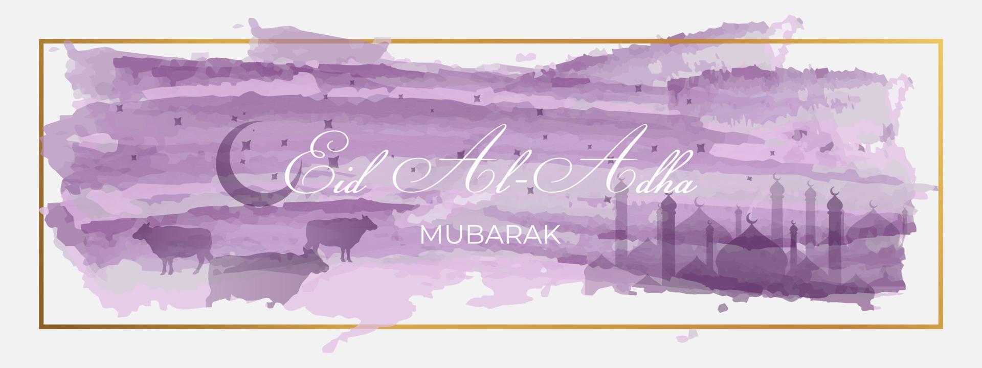 Islamic Eid al Adha banner with watercolor brush stroke background and golden frame vector