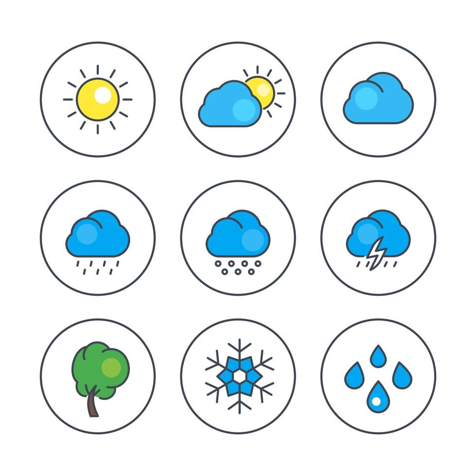 iconos de la línea meteorológica con relleno de color, lluvia, copos de nieve, granizo, viento, sol, nieve, nubes vector