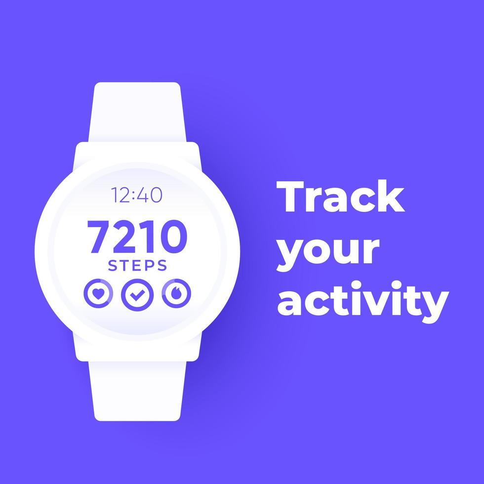 Smart watch with fitness app, activity tracker and step counter, vector banner