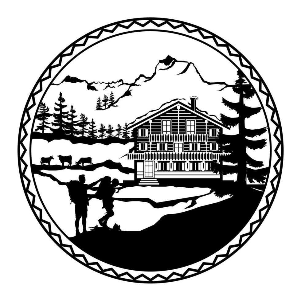 ilustración de montaña de chalet en estilo de arte de línea en blanco y negro vector