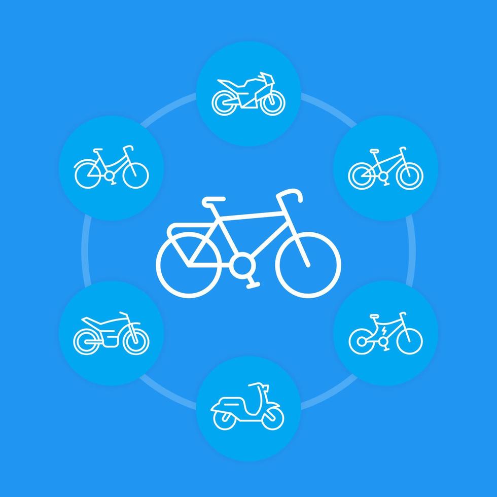 Bikes icons in linear style, cycling, bicycles, motorcycle, motorbike, scooter vector