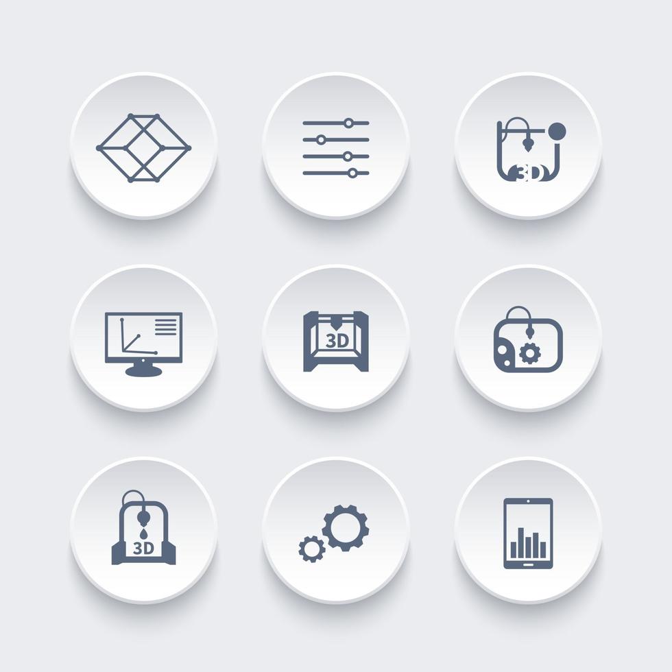 3d printer, printing icons set, modeling, designing, additive manufacturing, vector illustration