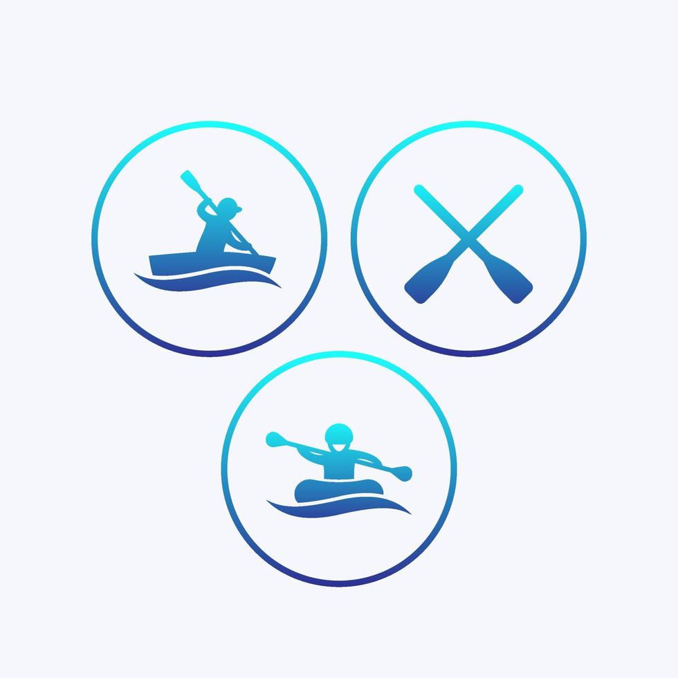 Rowing, kayaking, rafting, canoe, boat, oars icons with gradient vector