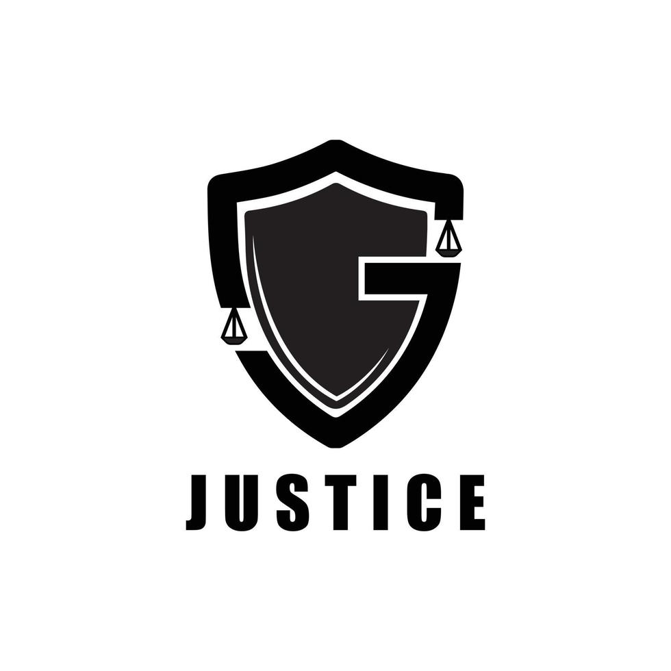Bufete de abogados de escudo de escalas, plantilla de vector de diseño de logotipo de letra j