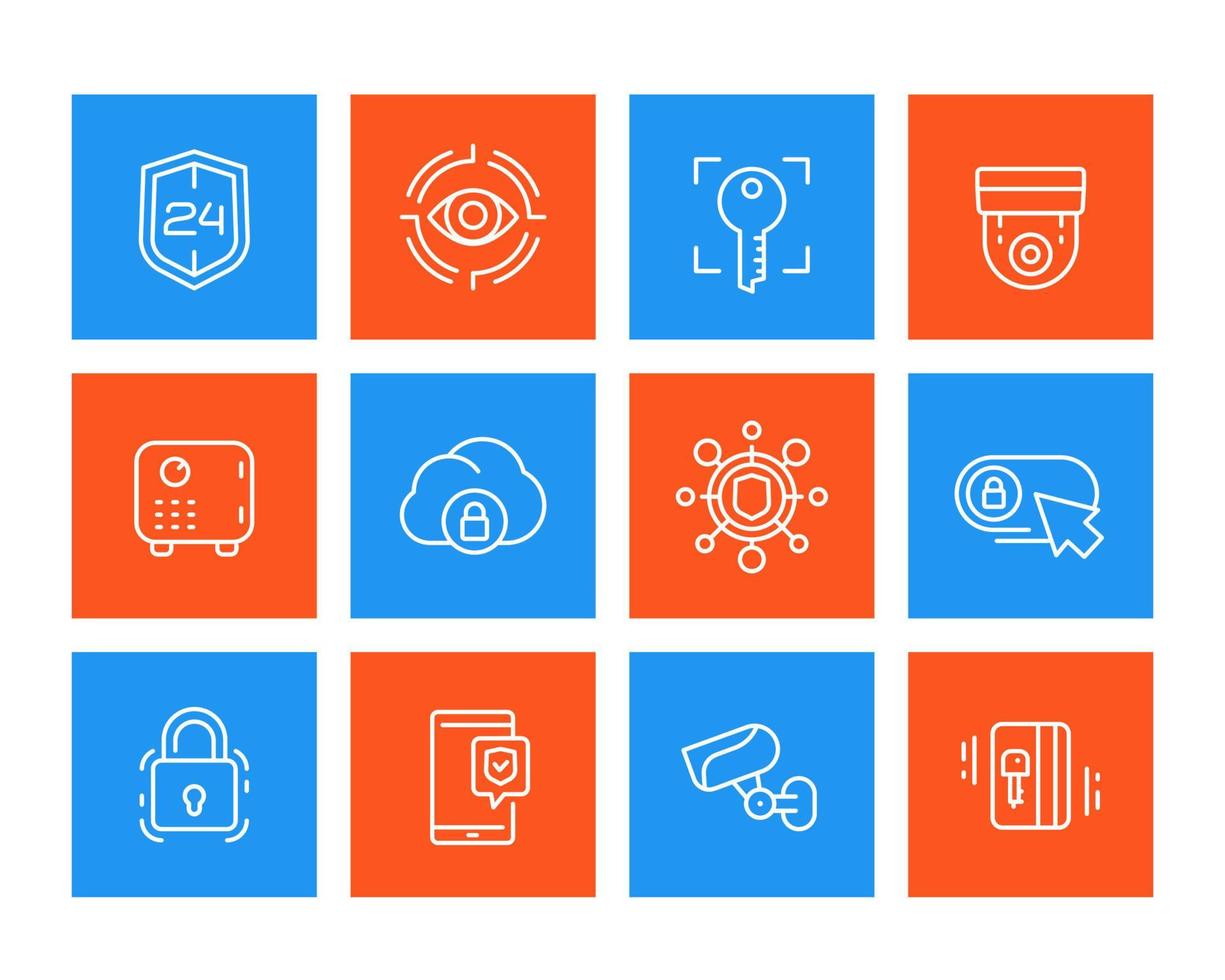Security line icons set, video surveillance, biometric scan, secure data, strongbox vector