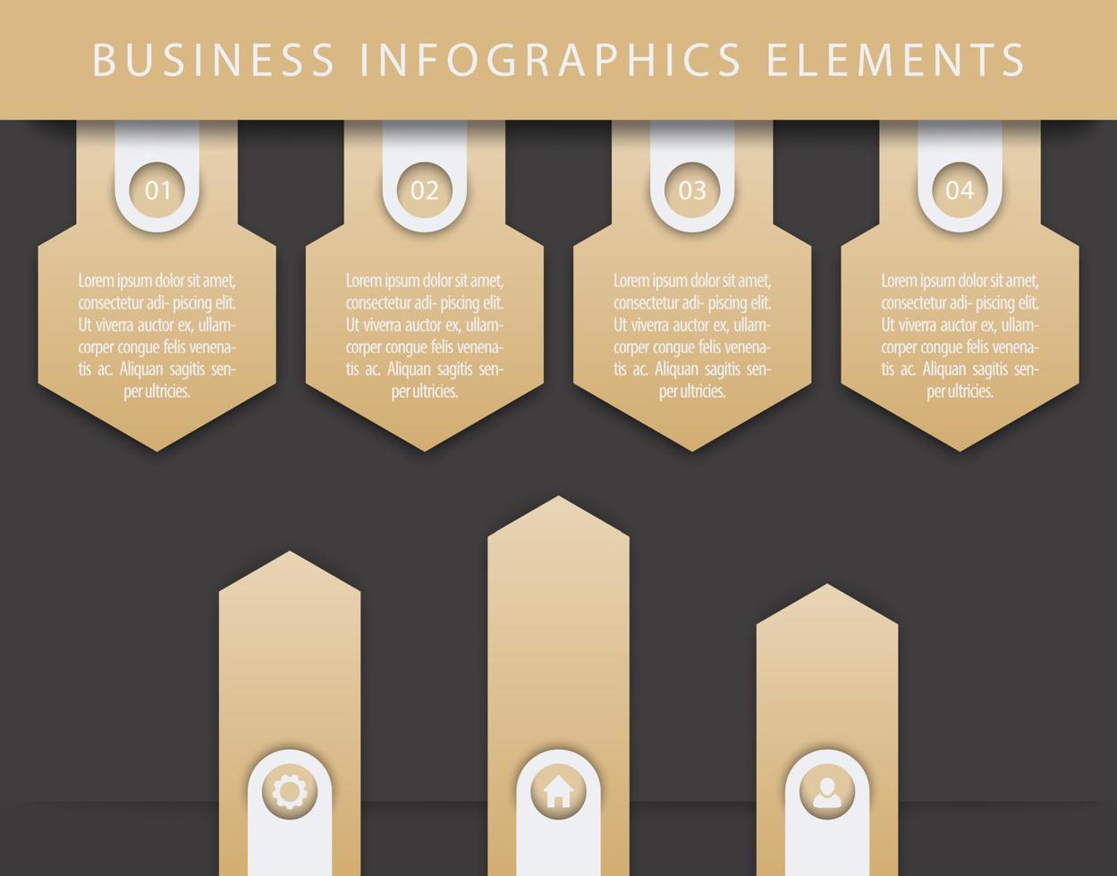 Business Infographics elements, 1, 2, 3, 4, steps, timeline, growth arrows, gold and black vector