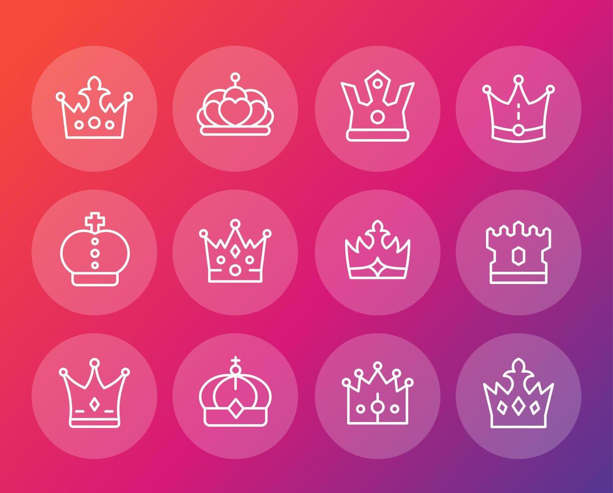 conjunto de iconos de línea de coronas, realeza, rey, monarca, soberano, reina, princesa corona vector