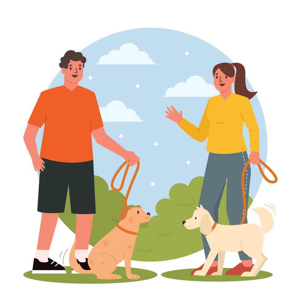 Two People Go Around With Their Dogs vector