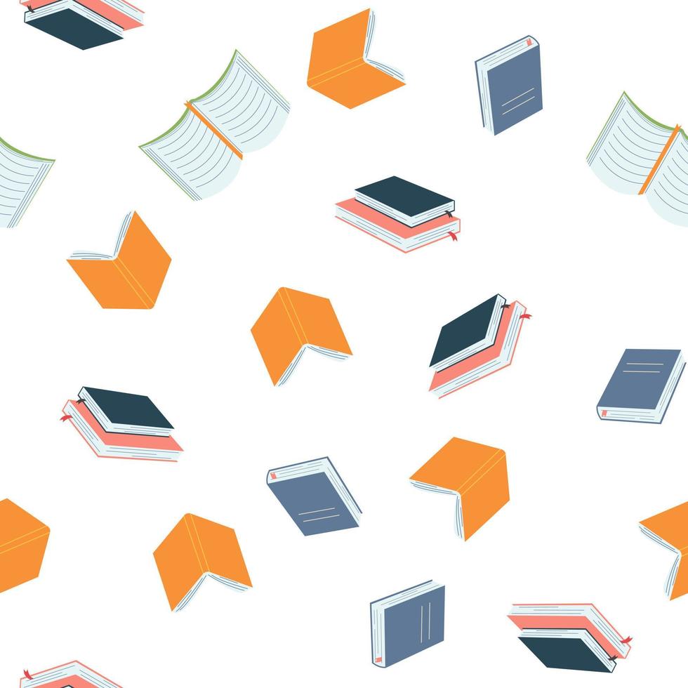 Seamless pattern with books in cartoon flat style. Vector illustration of colorful dictionary, encyclopedias, planner on white background.