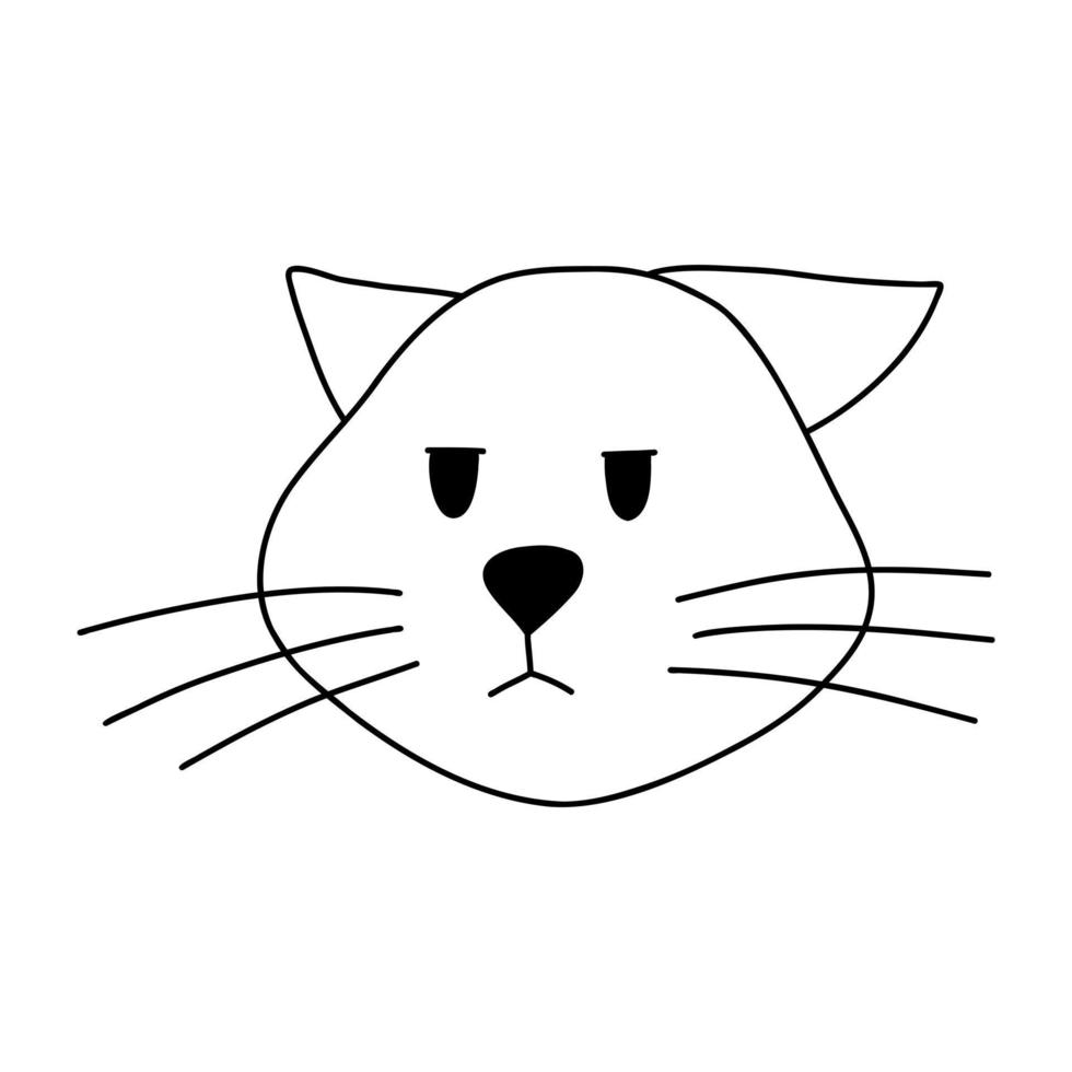 Doodle portrait of upset cat. Frustrated kitten, line animal fictional character isolated on white. Hand drawn vector illustration.