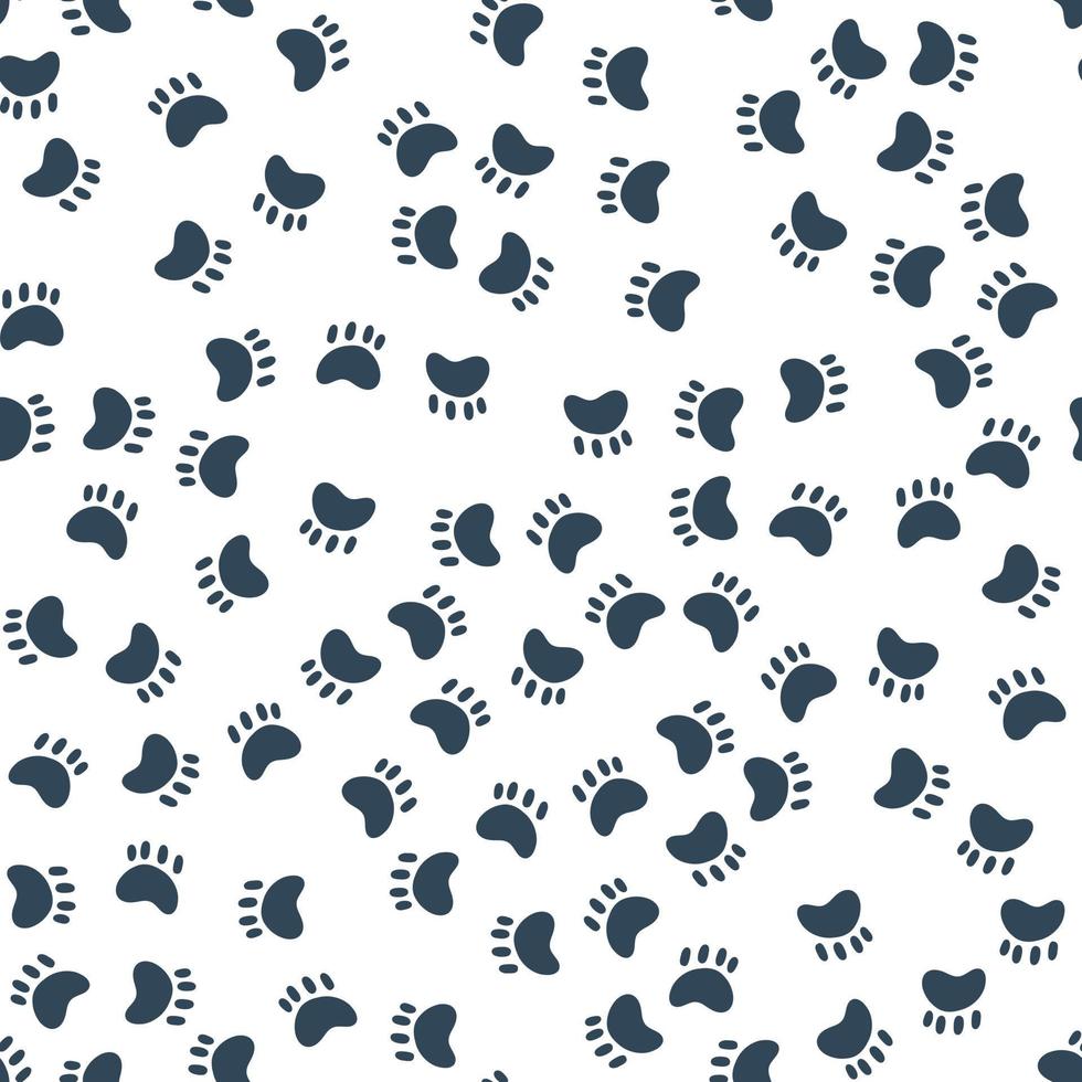 Seamless Pattern with dog or cat paw. Vector illustration of blue kitten puppy trace on white background.