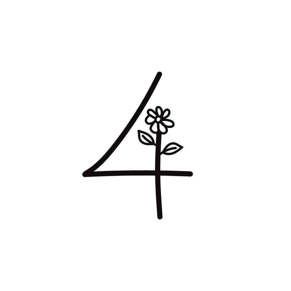 NUMBER 4 FLORAL LINE ART TEMPLATE vector