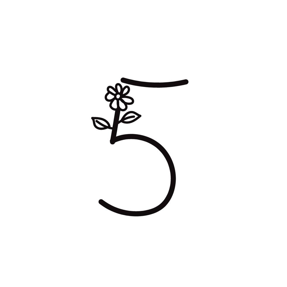 NUMBER 5 FLORAL LINE ART TEMPLATE vector