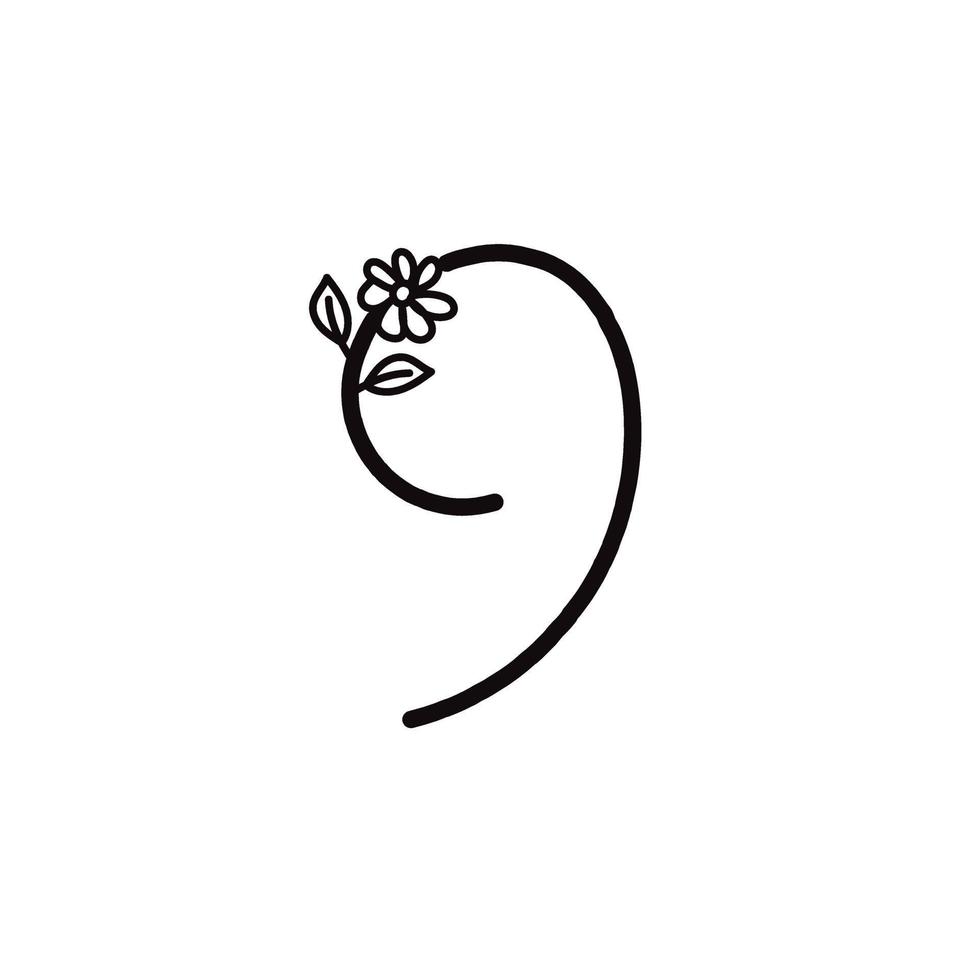 NUMBER 9 FLORAL LINE ART TEMPLATE vector