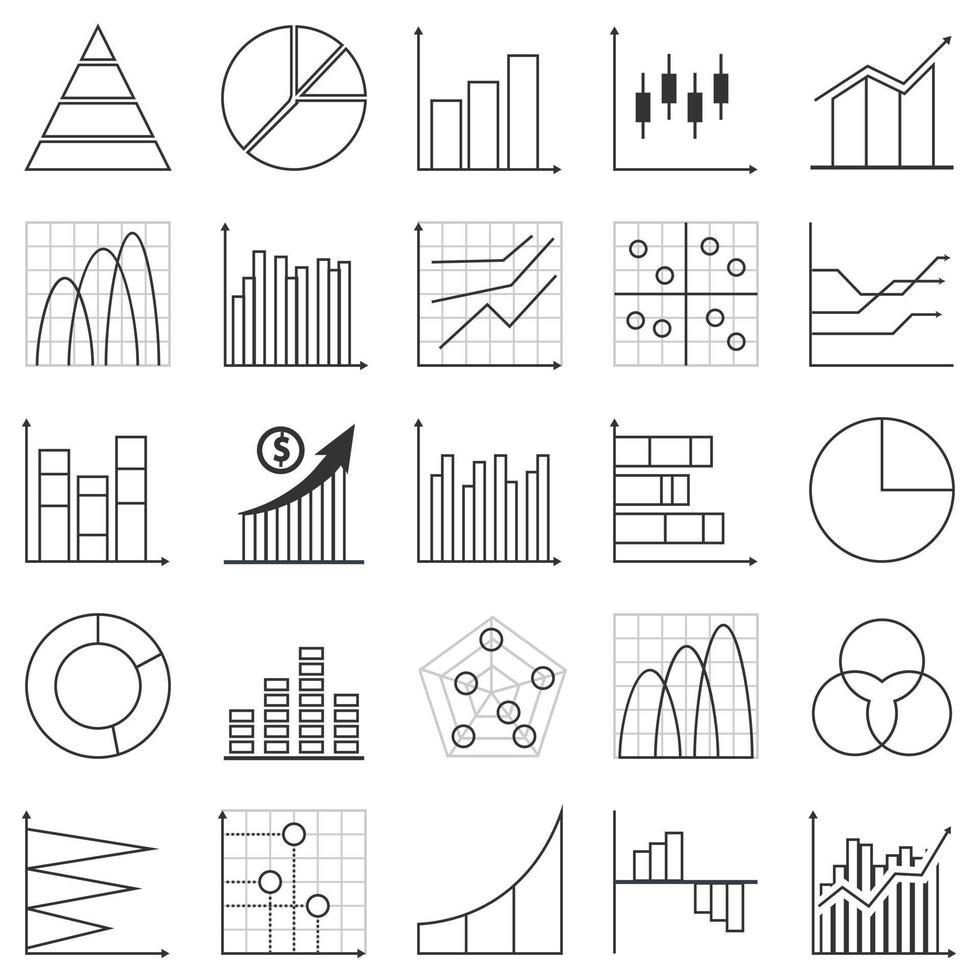 Set of business graph icon, Outline object statistics finance presentation, Linear success report symbol vector. vector