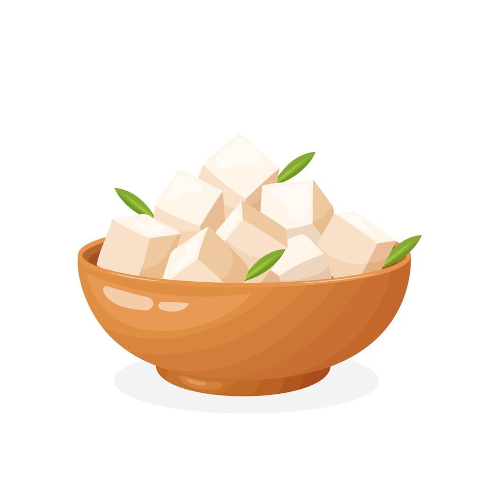 tofu en un plato de madera, ilustración vectorial en un fondo blanco vector