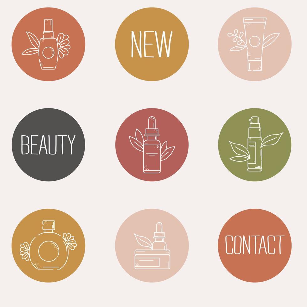 un conjunto de destacados de instagram para la industria de la belleza, cosméticos para el cuidado personal. vector