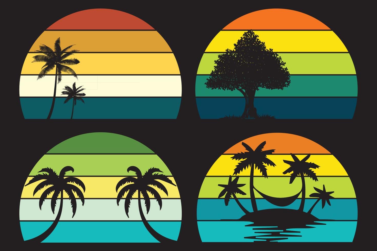 colección retro puesta de sol estilo años 80. formas coloridas a rayas con palmeras tropicales y cactus, vector vector gratis