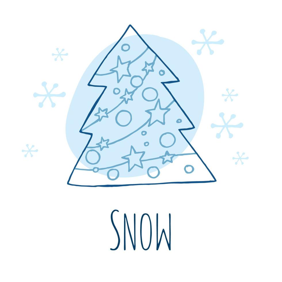 un árbol de navidad dibujado a mano. ilustración vectorial en estilo garabato. estado de ánimo de invierno. hola 2023. feliz navidad y próspero año nuevo. elemento azul con copos de nieve sobre un fondo blanco. vector