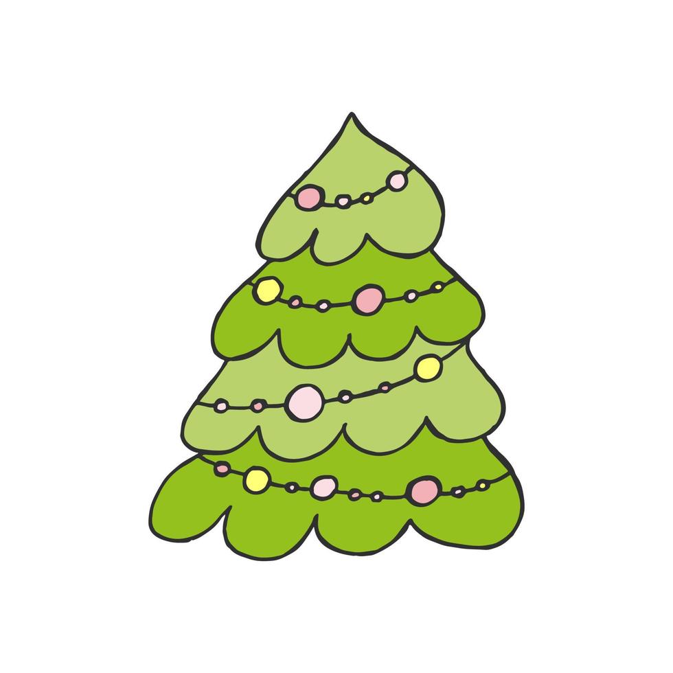 A hand-drawn christmas tree. Colored vector illustration in doodle style. Winter mood. Hello 2023. Merry Christmas and Happy New Year. Green tree with a yellow and pink toys on a white background.