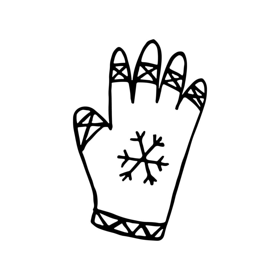 A hand-drawn winter clothing. Vector illustration in doodle style. Winter mood. Hello 2023. Merry Christmas and Happy New Year. Black mittens with ornament and snoflake on a white background.