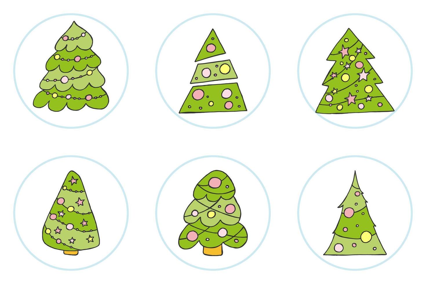A hand-drawn christmas tree. Vector illustration in doodle style. Winter mood. Hello 2023. Merry Christmas and Happy New Year. Green trees with a yellow and pink toys on a white background.