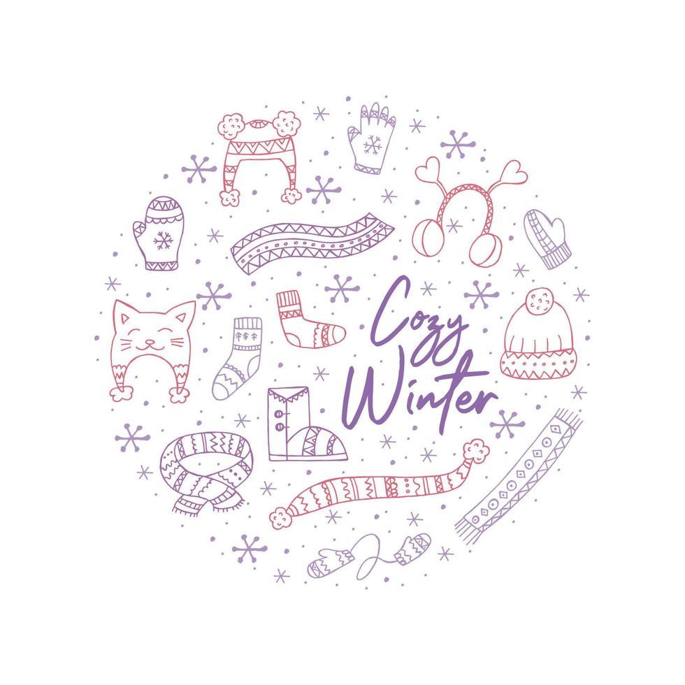 A set of hand-drawn winter clothing. Vector illustration in doodle style. Winter mood. Hello 2023. Merry Christmas and Happy New Year. Pink and violet elements in the shape of a circle.