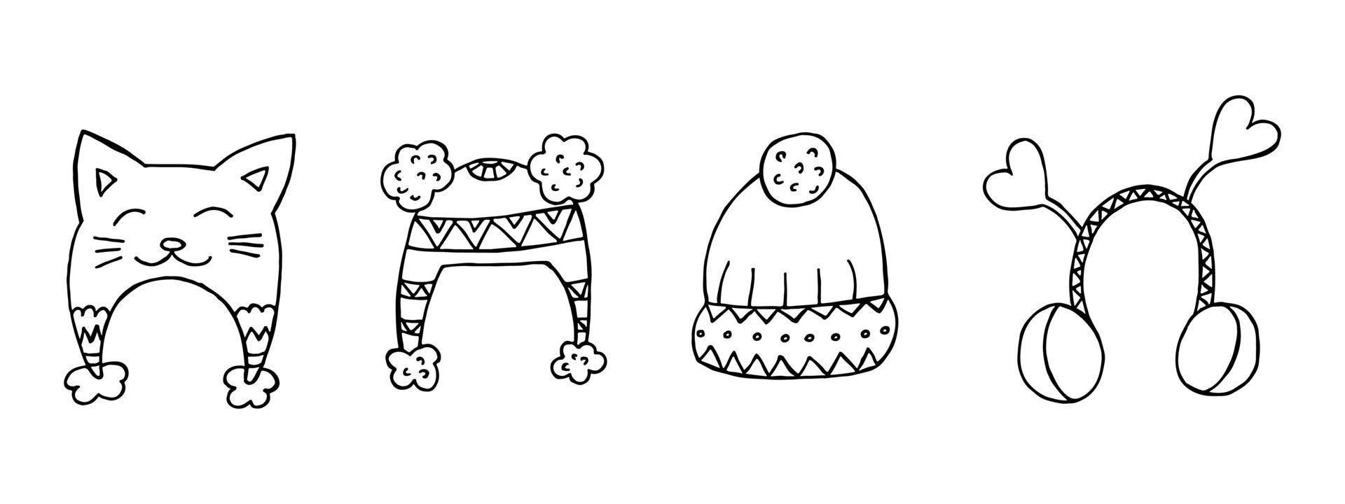 A set of hand-drawn winter clothing. Vector illustration in doodle style. Winter mood. Hello 2023. Merry Christmas and Happy New Year. Black hats and earmuff on a white background.