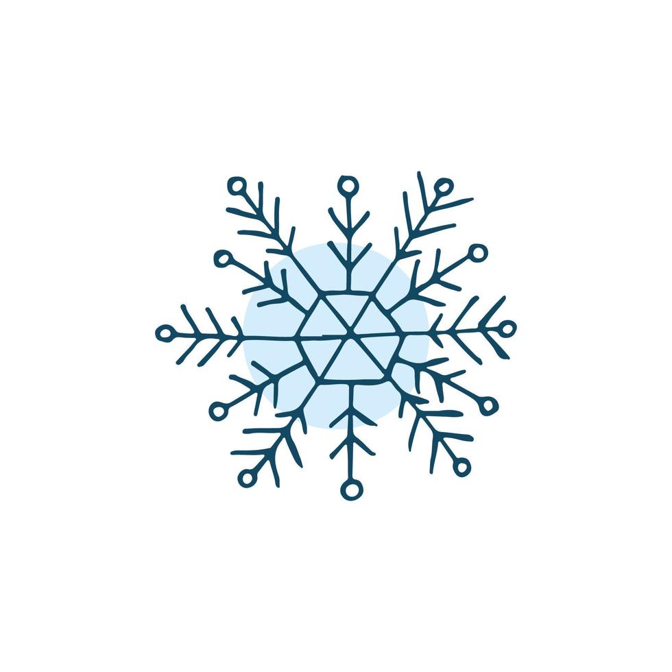 A hand-drawn snowflake. Vector illustration in doodle style. Winter mood. Hello 2023. Merry Christmas and Happy New Year. Blue element on a white background.