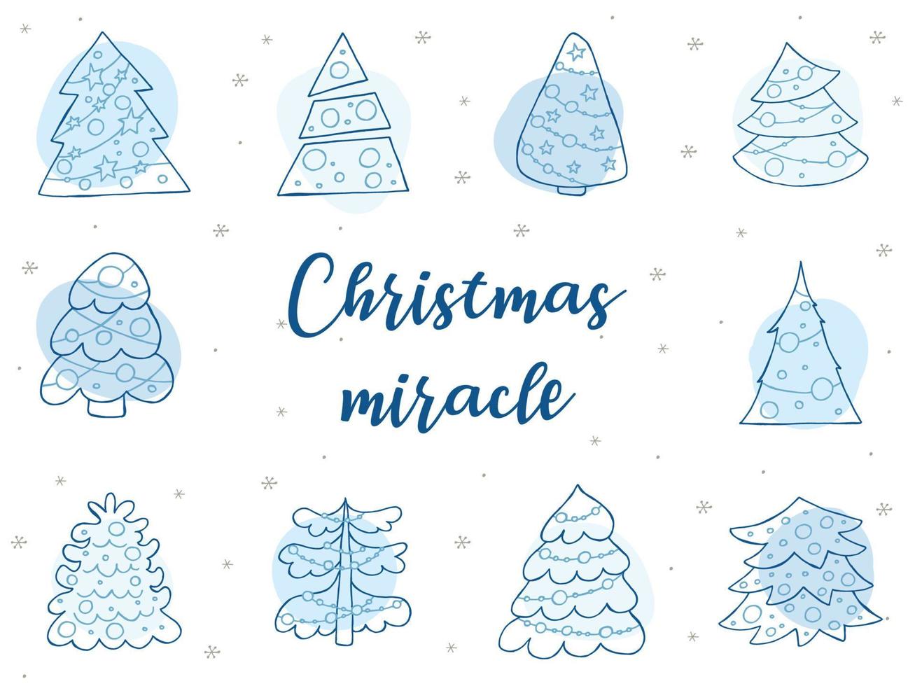 A set of hand-drawn christmas trees. Vector illustration in doodle style. Winter mood. Hello 2023. Merry Christmas and Happy New Year. Blue elements with a gray snowflakes on a blue background.