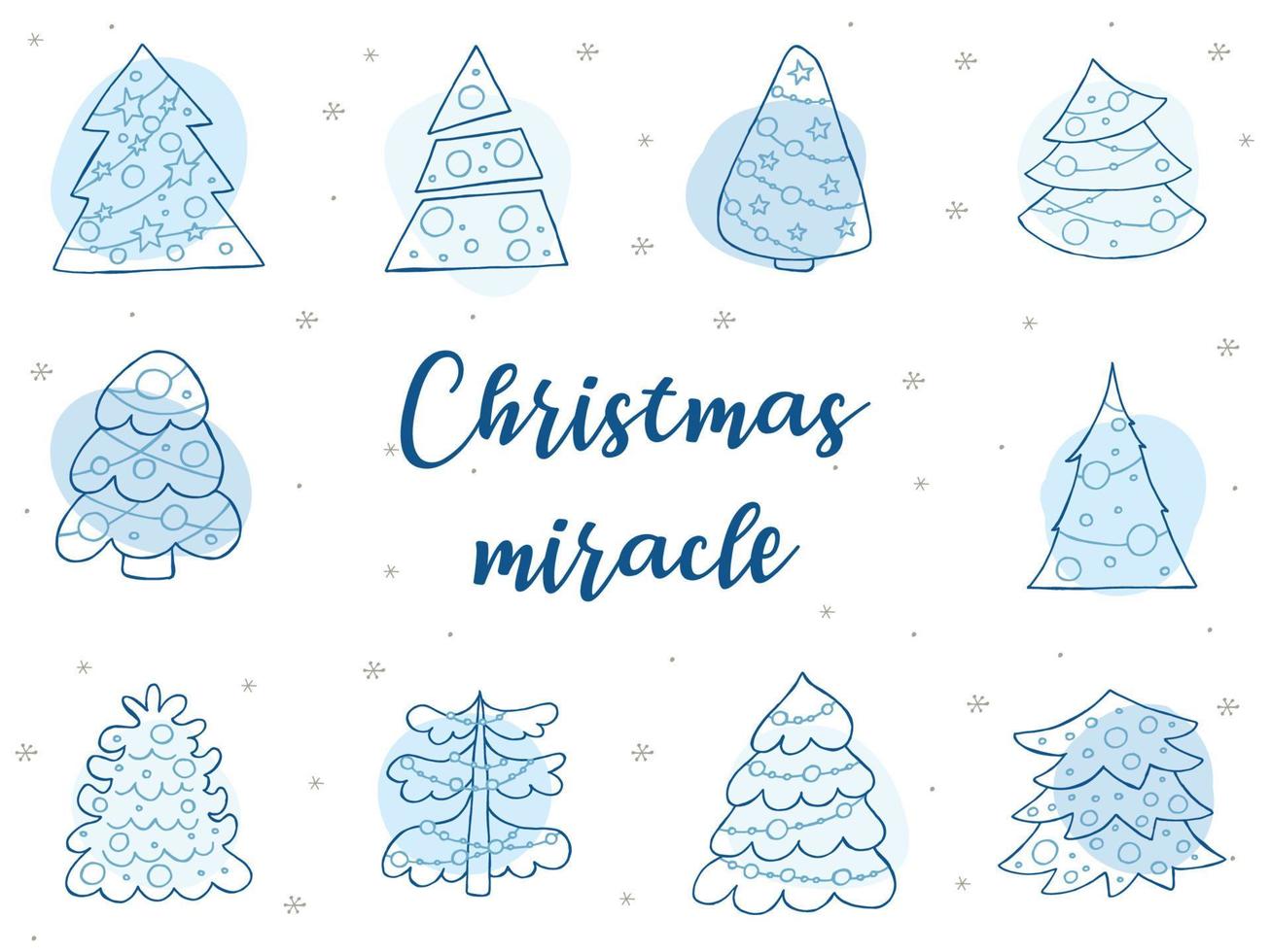 A set of hand-drawn christmas trees. Vector illustration in doodle style. Winter mood. Hello 2023. Merry Christmas and Happy New Year. Blue elements with a gray snowflakes on a blue background.