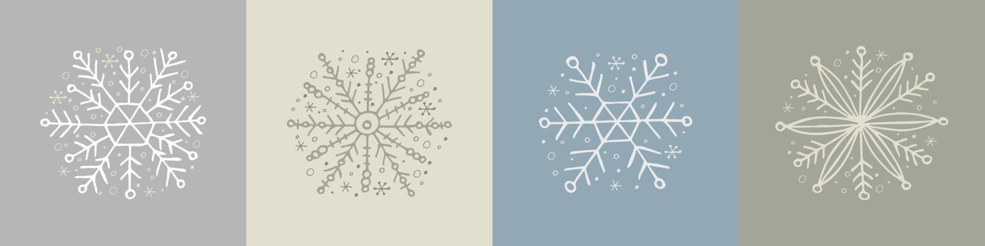 A set of hand-drawn snowflakes. Vector illustration in doodle style. Winter mood. Hello 2023. Merry Christmas and Happy New Year. White and gray elements on a gray background.