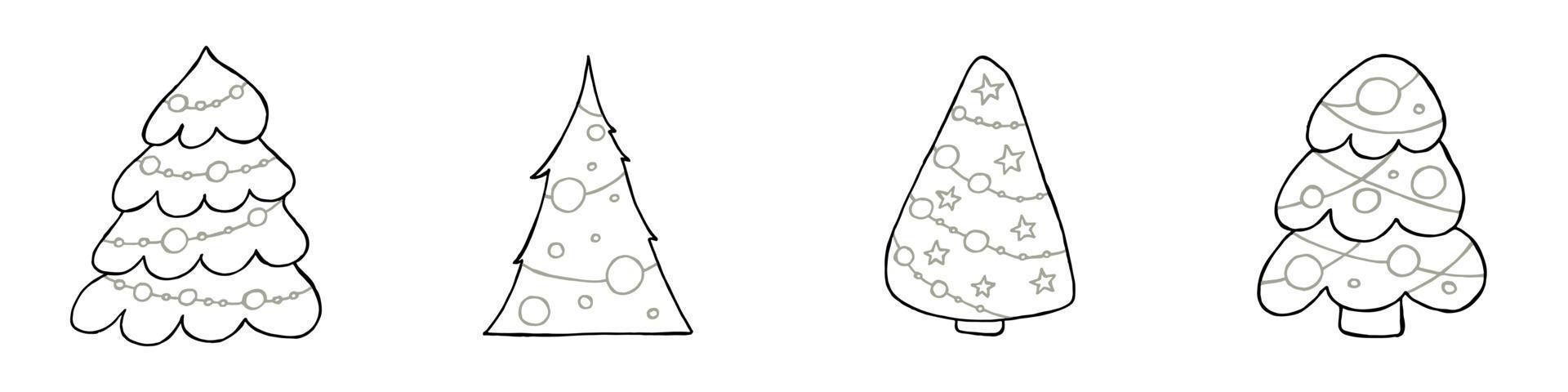 A set of hand-drawn christmas trees. Vector illustration in doodle style. Winter mood. Hello 2023. Merry Christmas and Happy New Year. Black and gray elements on a white background.