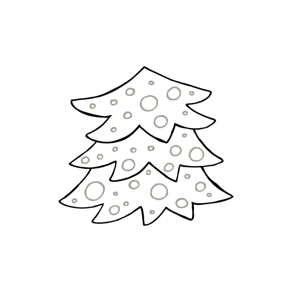 A hand-drawn christmas tree. Vector illustration in doodle style. Winter mood. Hello 2023. Merry Christmas and Happy New Year. Black and gray element on a white background.