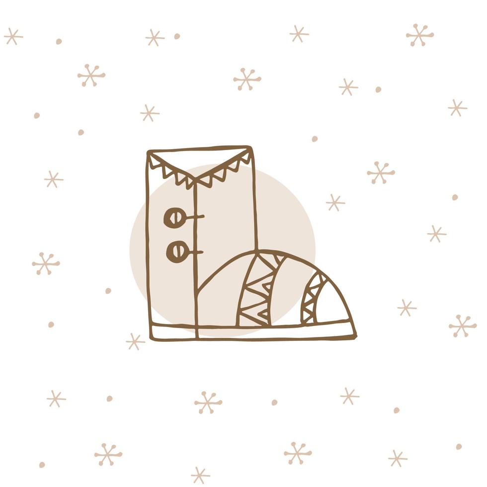 A hand-drawn winter clothing. Vector illustration in doodle style. Winter mood. Hello 2023. Merry Christmas and Happy New Year. Brown boot with ornament on a white background with snowflakes.