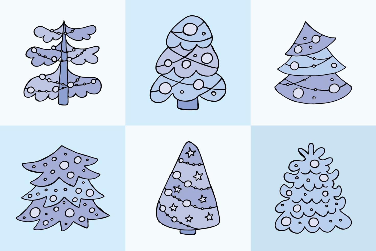 A hand-drawn christmas tree. Vector illustration in doodle style. Winter mood. Hello 2023. Merry Christmas and Happy New Year. Blue trees with a toys on a blue background.