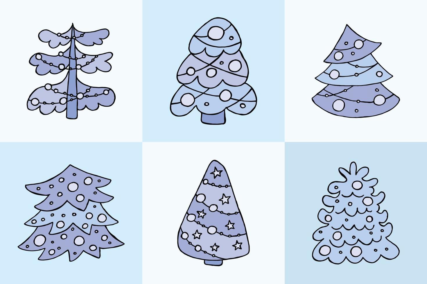 un árbol de navidad dibujado a mano. ilustración vectorial en estilo garabato. estado de ánimo de invierno. hola 2023. feliz navidad y próspero año nuevo. árboles azules con juguetes sobre un fondo azul. vector