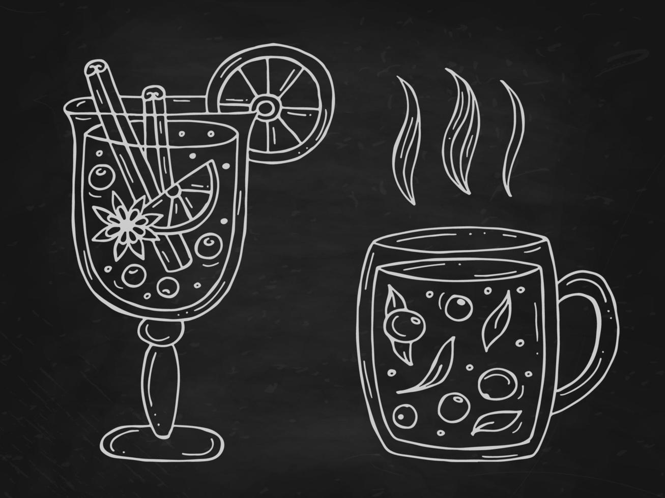 Set of a warming winter drinks on a black chalk board. Vector illustration in doodle style. Winter mood. Hello 2023. Merry Christmas and Happy New Year.