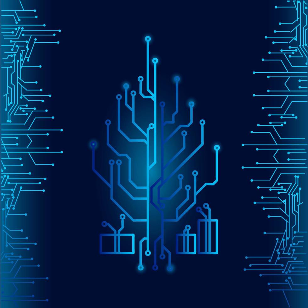 tecnología de árbol de navidad de alta tecnología geométrica y fondo del sistema de conexión con resumen de datos digitales. fondo de pantalla de fondo azul oscuro electrónico. ilustración vectorial vector