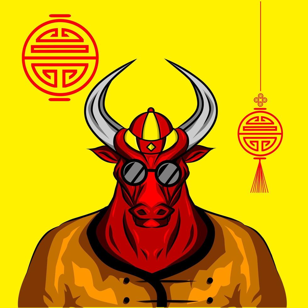 Wild ox buffalo cow bull chinese zodiac sign symbol logo mascot on lunar new year vector