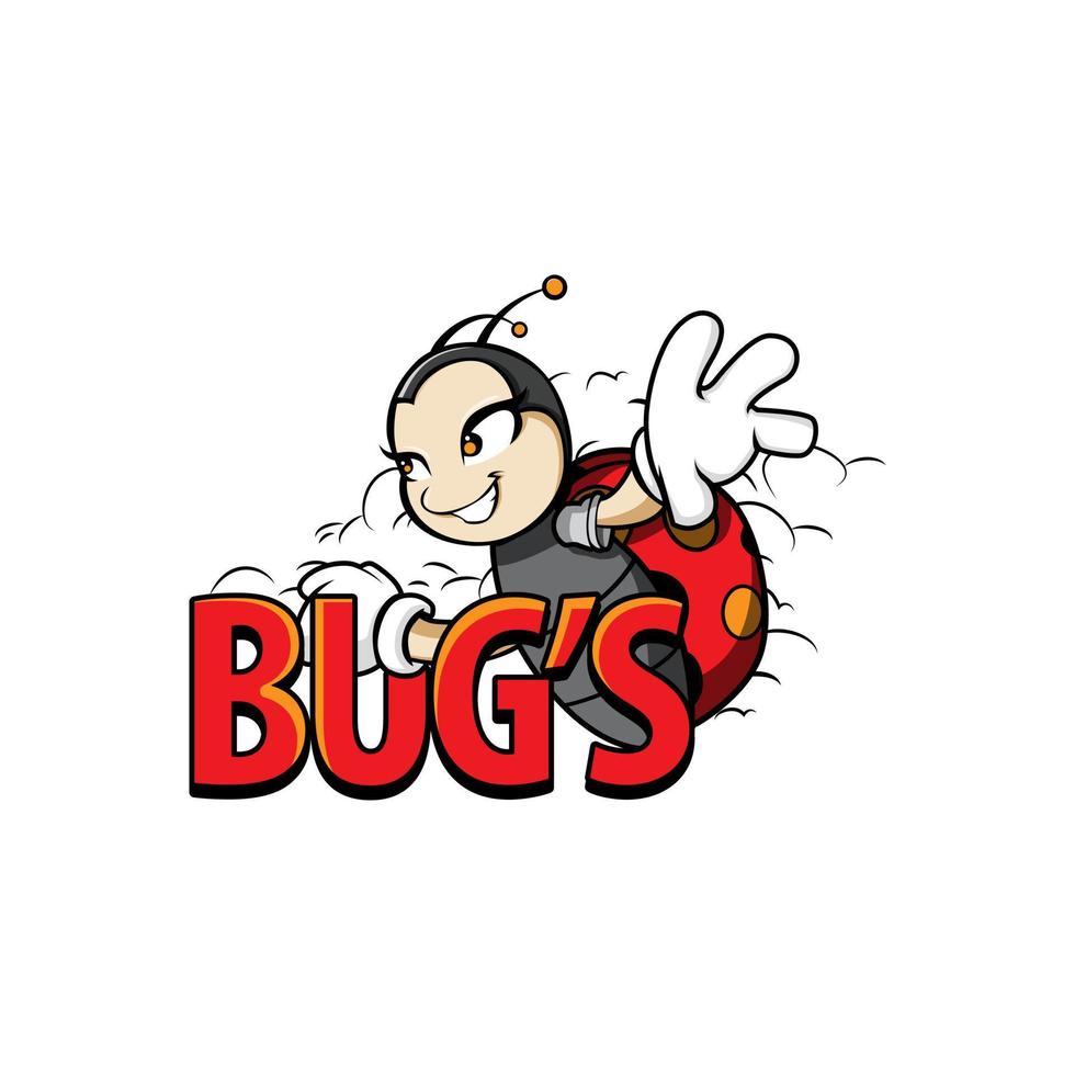 Cartoon bug logo with BUG'S words in front of it. Vector illustration.