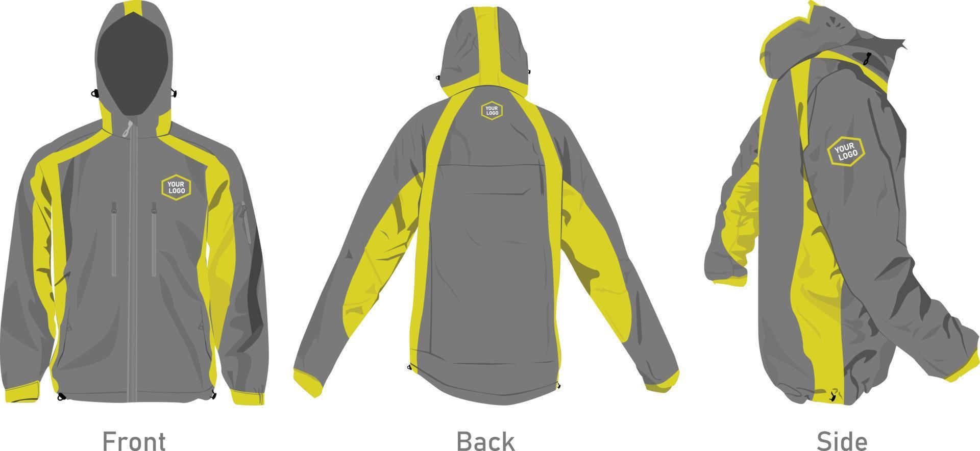 Vista frontal, lateral y posterior del vector de diseño de maqueta de chaqueta de montaña. chaqueta de paracaídas, poliéster. concepto personalizado. fondo blanco aislado.