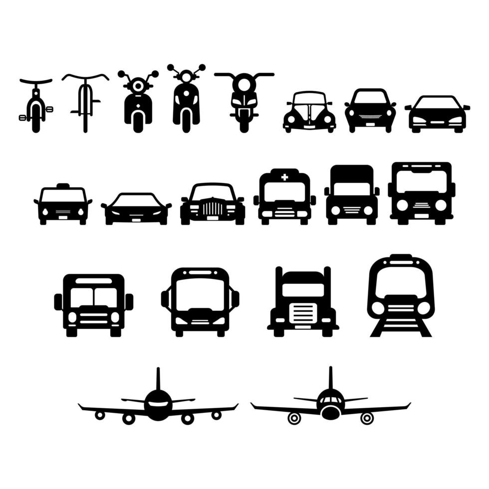 conjunto de iconos de transporte de vista frontal en blanco y negro vector