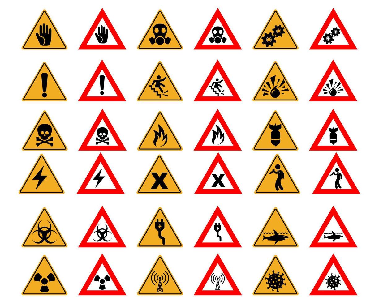Set of triangular shape hazard icons. Signs collection. Vector illustration.