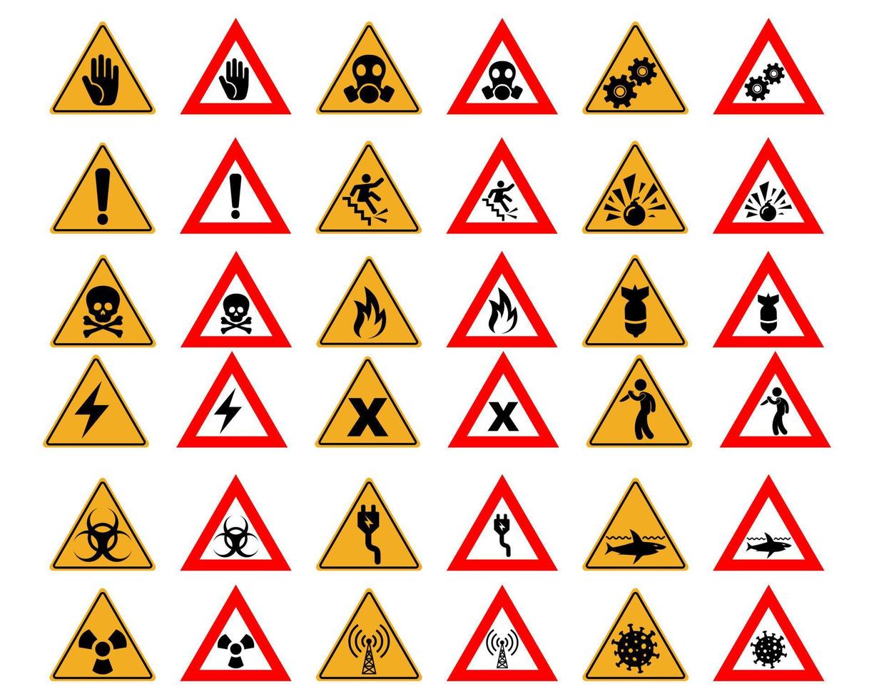 Set of triangular shape hazard icons. Signs collection. Vector illustration.