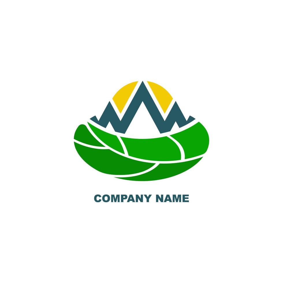 logotipo vectorial de montaña y paisaje. combinación de logo de montaña, hoja y sol vector
